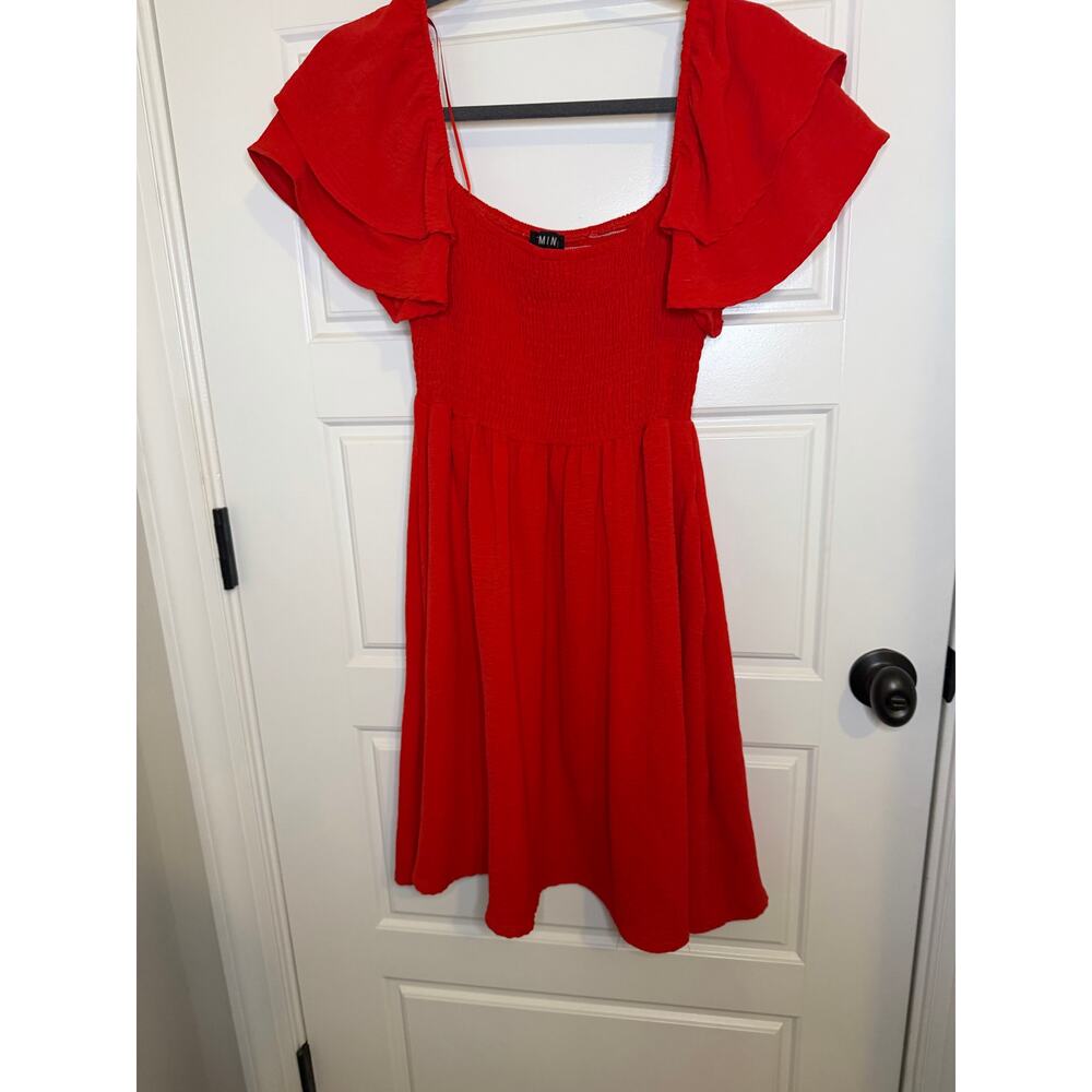 Timing Small Red Ruffle Flirty Sleeve Dress  Mini Smocked Bodice Off Shoulder